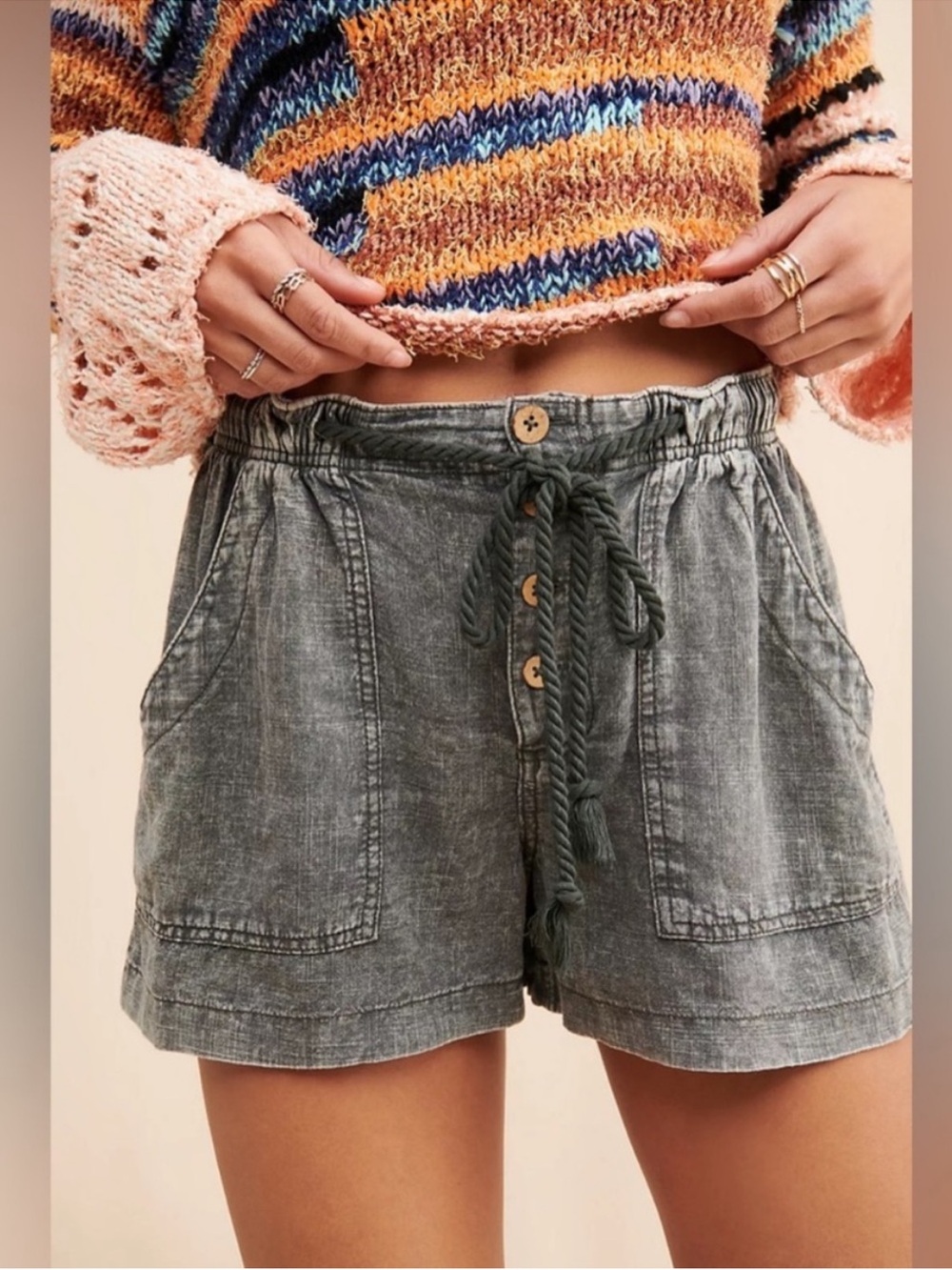 Free people westmoreland linen blend pull on drawstring shorts size L